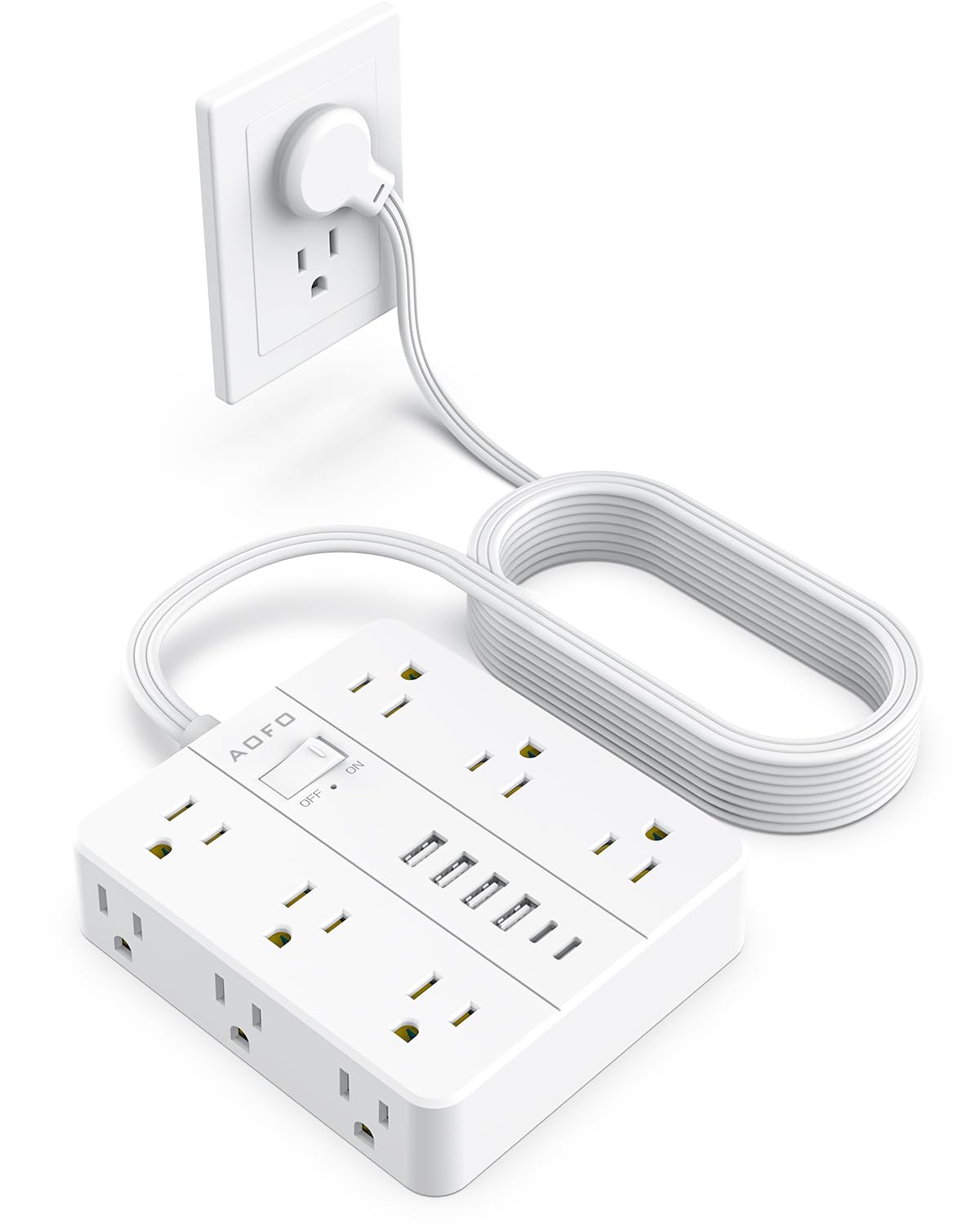 Aofo 15Ft Flat Plug Power Strip, Surge Protector Flat Extension Cord With 12 Ac Outlets And 6 Usb(2 Usb C) Ports, Wall Mount, Mu
