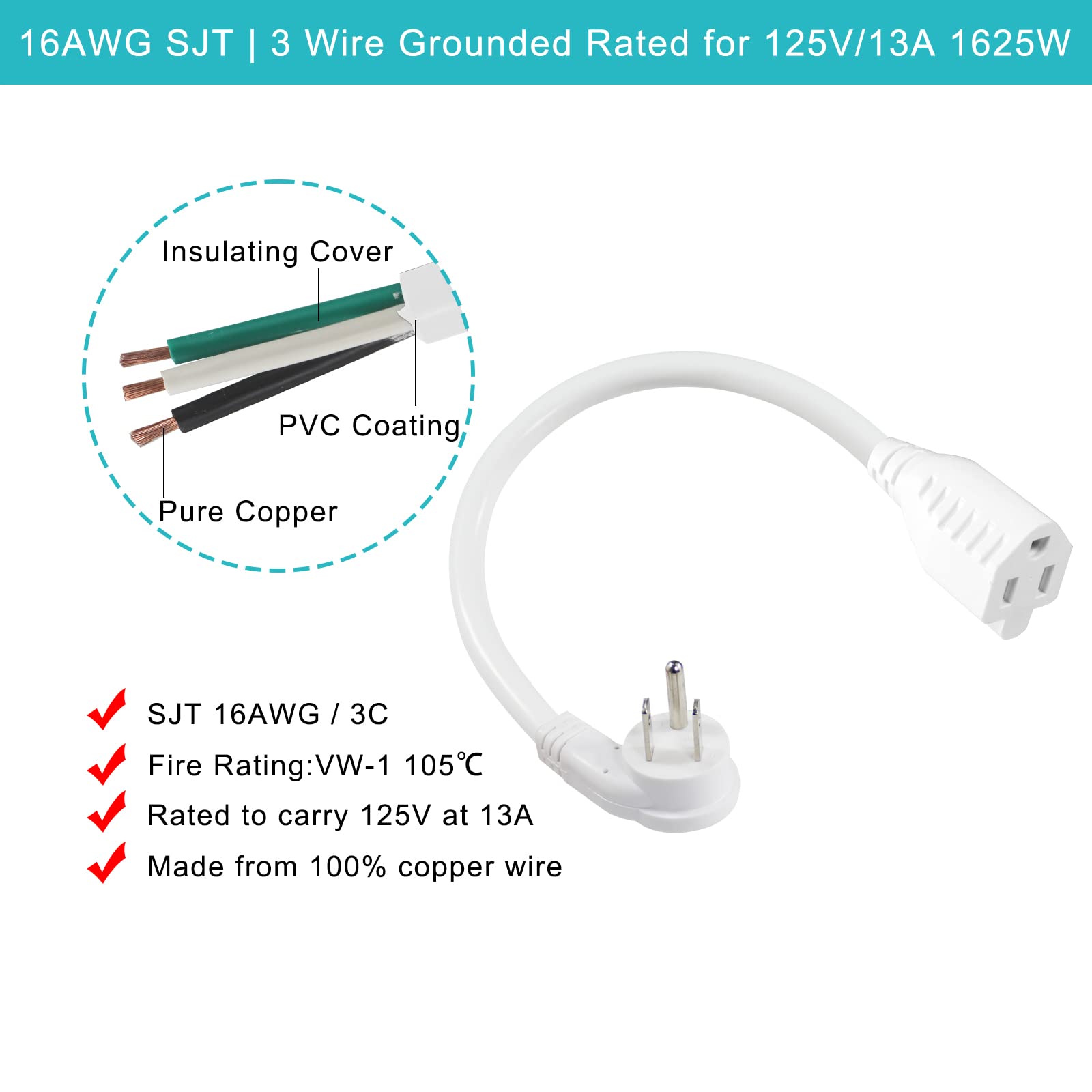 [1 Pack] 8Inch Short Power Extension Cord With Flat Plug  White Low Profile Flat Plug Short 3Prong Grounded Indoor Extension Cor