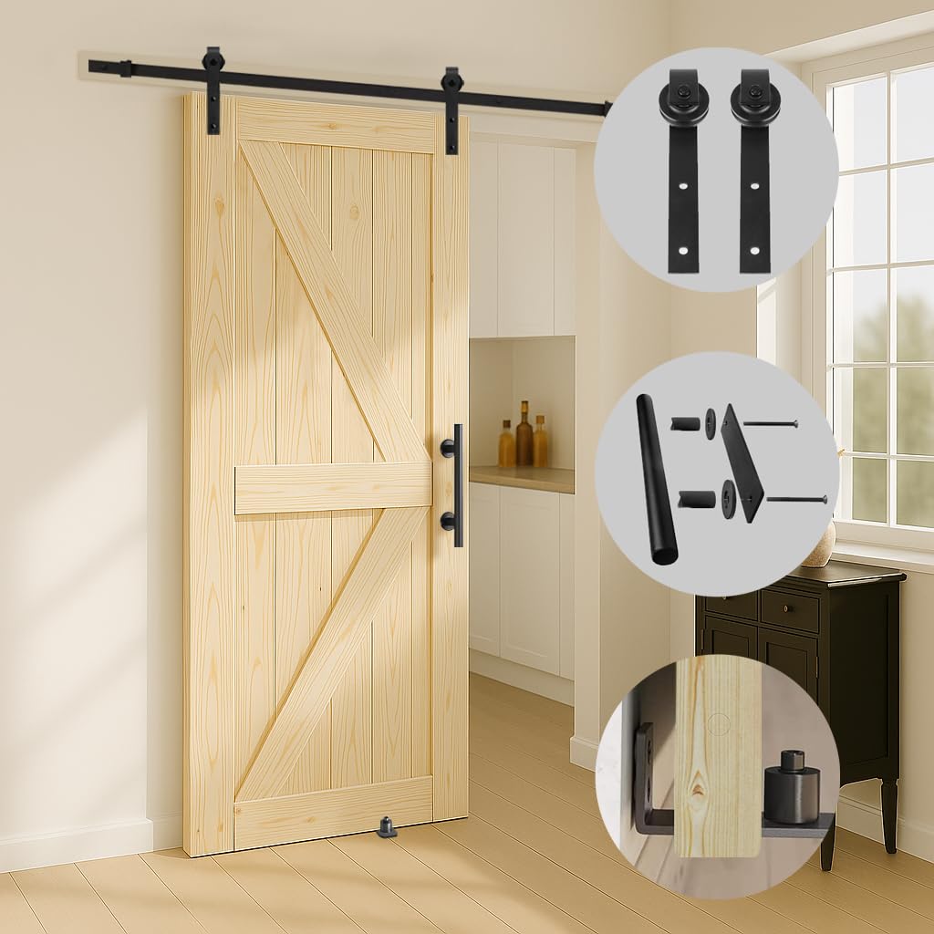 S&Z Tophand 42 In. X 84 In. Unfinished British Brace Knotty Barn Door With 8Ft Sliding Door Hardware Kit/Solid Wood/Sliding Door
