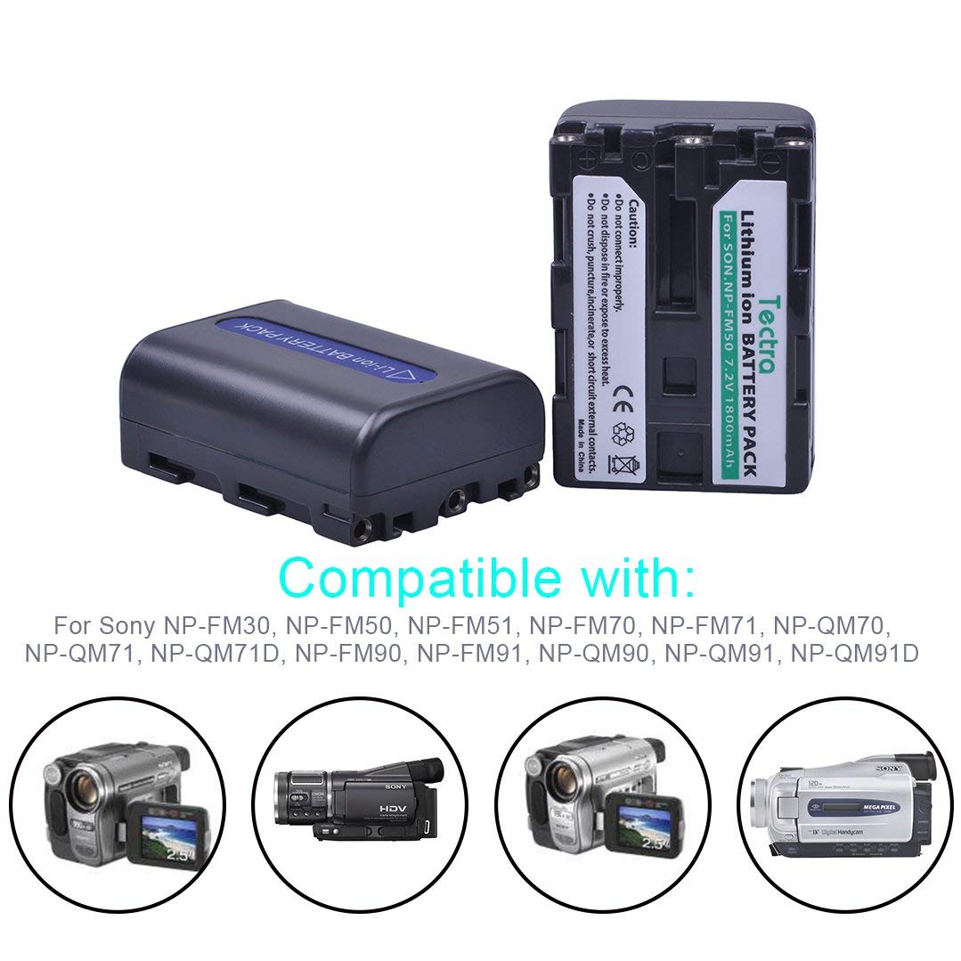 Tectra 2 Pack Np Fm50 Battery And Charger Kit For Sony Np Fm30 Np Fm51 Np Qm50 Np Qm51 Np Fm55H And Hdr Hc1 Trv280 Trv350 Trv250