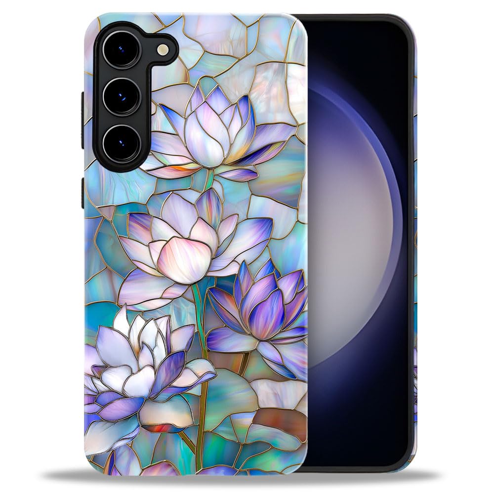 DJSOK Compatible with Samsung Galaxy S23,Glossy PC Anti-Scratch Shockproof Case - Lotus Stained Glass Pattern