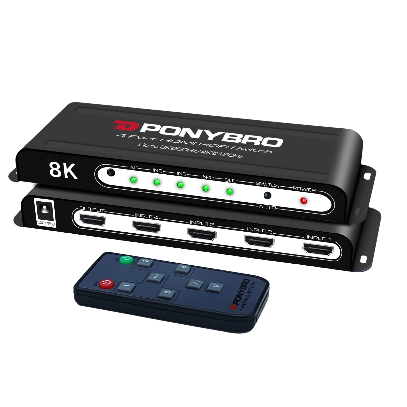 (Newest Version) Ponybro 8K Hdmi 2.1 Switch 4 In 1 With Remote, Support 8K@60Hz Or 4K@120Hz,High Speed 48Gbps,Hdr/Dolby Vision,H