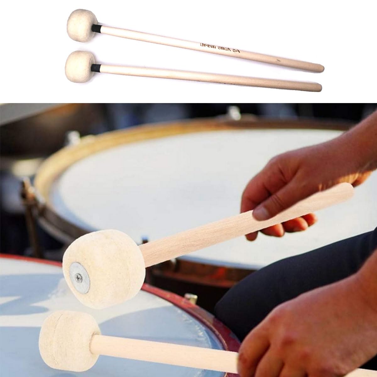 Tuoren Drum Mallet, Beige Felt Mallet Drum Stick Timpani Bass Percussion Mallets Snare Drum Sticks With Wooden Handle, Instrumen