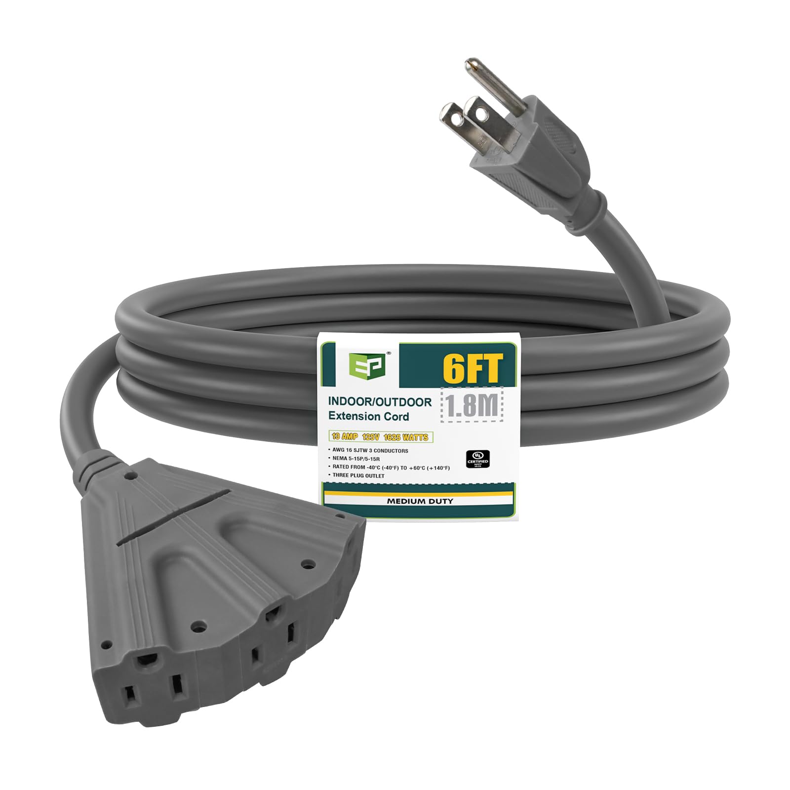 Ep 6 Ft Outdoor Extension Cord With 3 Electrical Power Outlets   16/3 Sjtw Grey Cable With 3 Prong Grounded Plug For Safety Grea