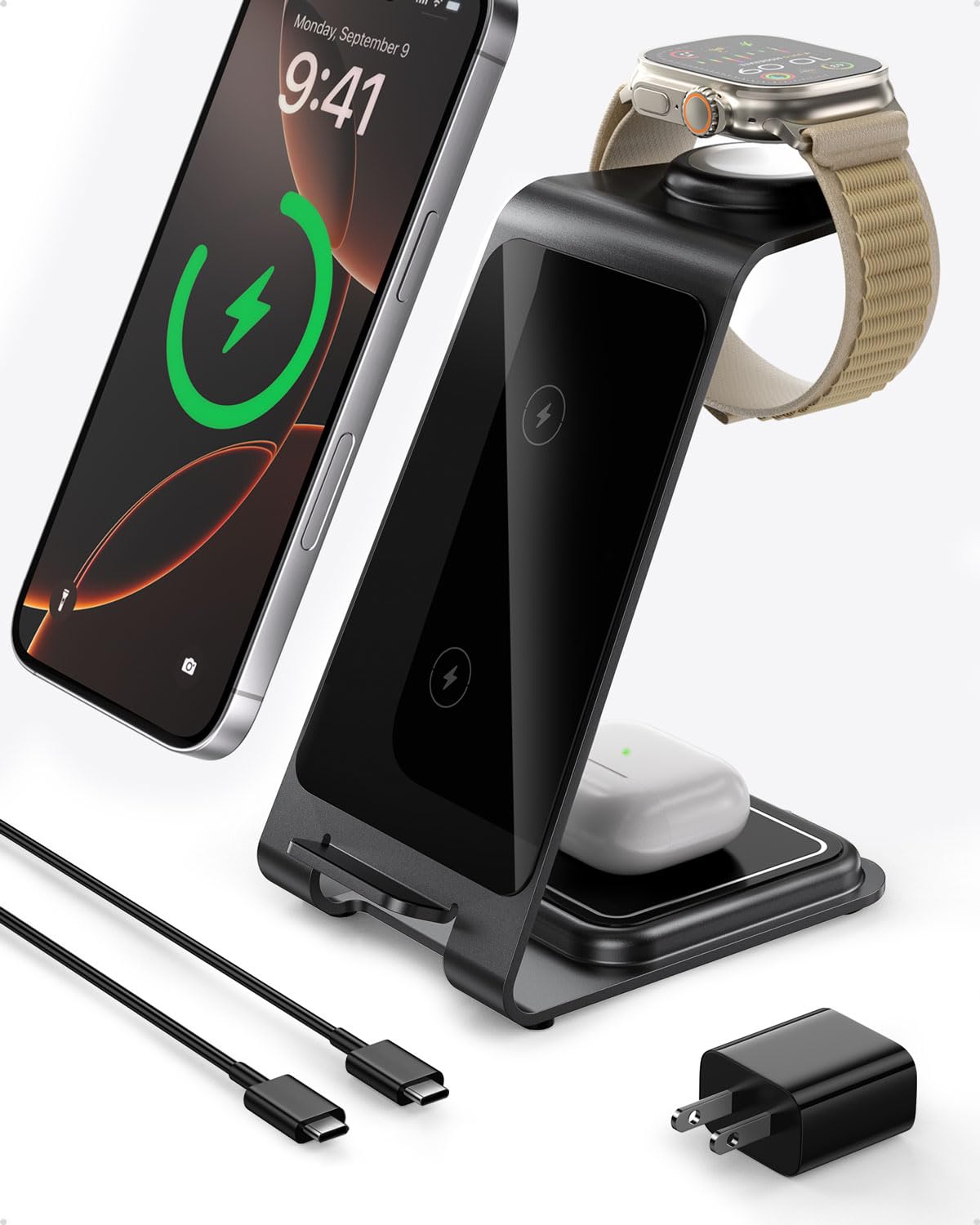 Intoval 3 In 1 Wireless Charging Station For Iphone 16 Pro/16/16 Pro Max/15 Pro/15/15 Pro Max/14 Pro/14/14 Pro Max, For Apple Wa