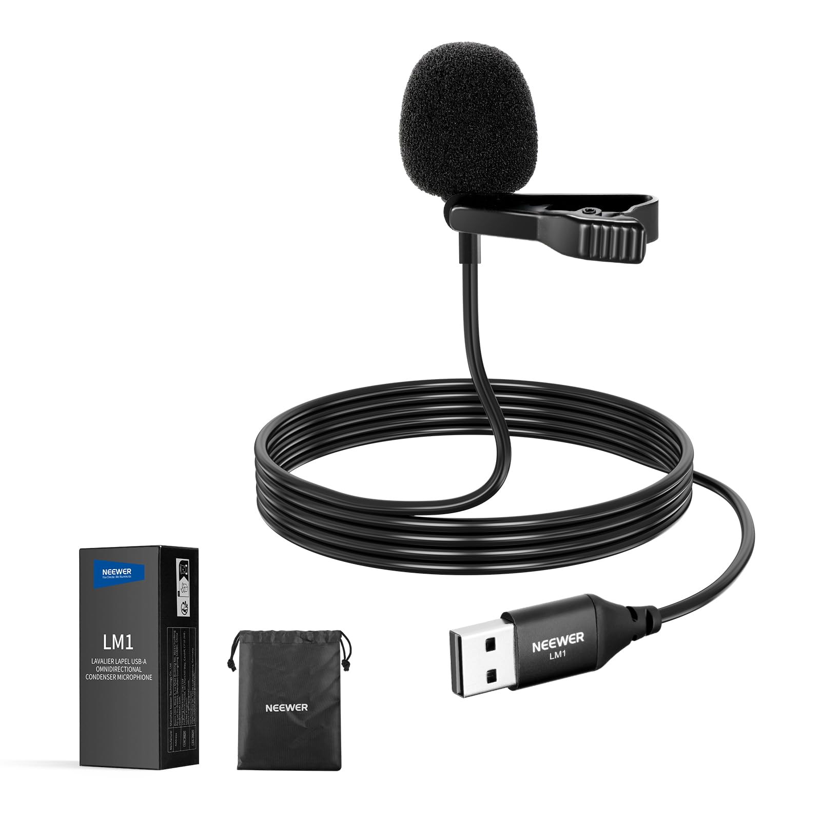 Neewer USB A Lapel Microphone, Plug & Play Mini Omnidirectional Clip On Lavalier Mic 2m Cable for USB 2.0 Mac Windows PC Laptop 