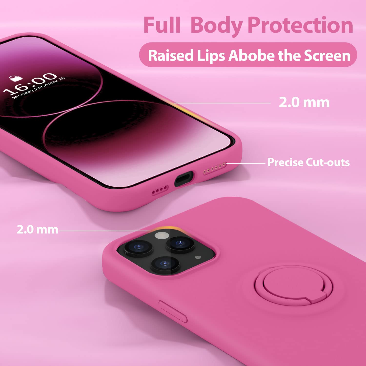 MOCCA iPhone 14 Pro Phone Case with Ring Stand Liquid Silicone Full-Body Anti-Scratch Microfiber Lining Pitaya 6.1inch