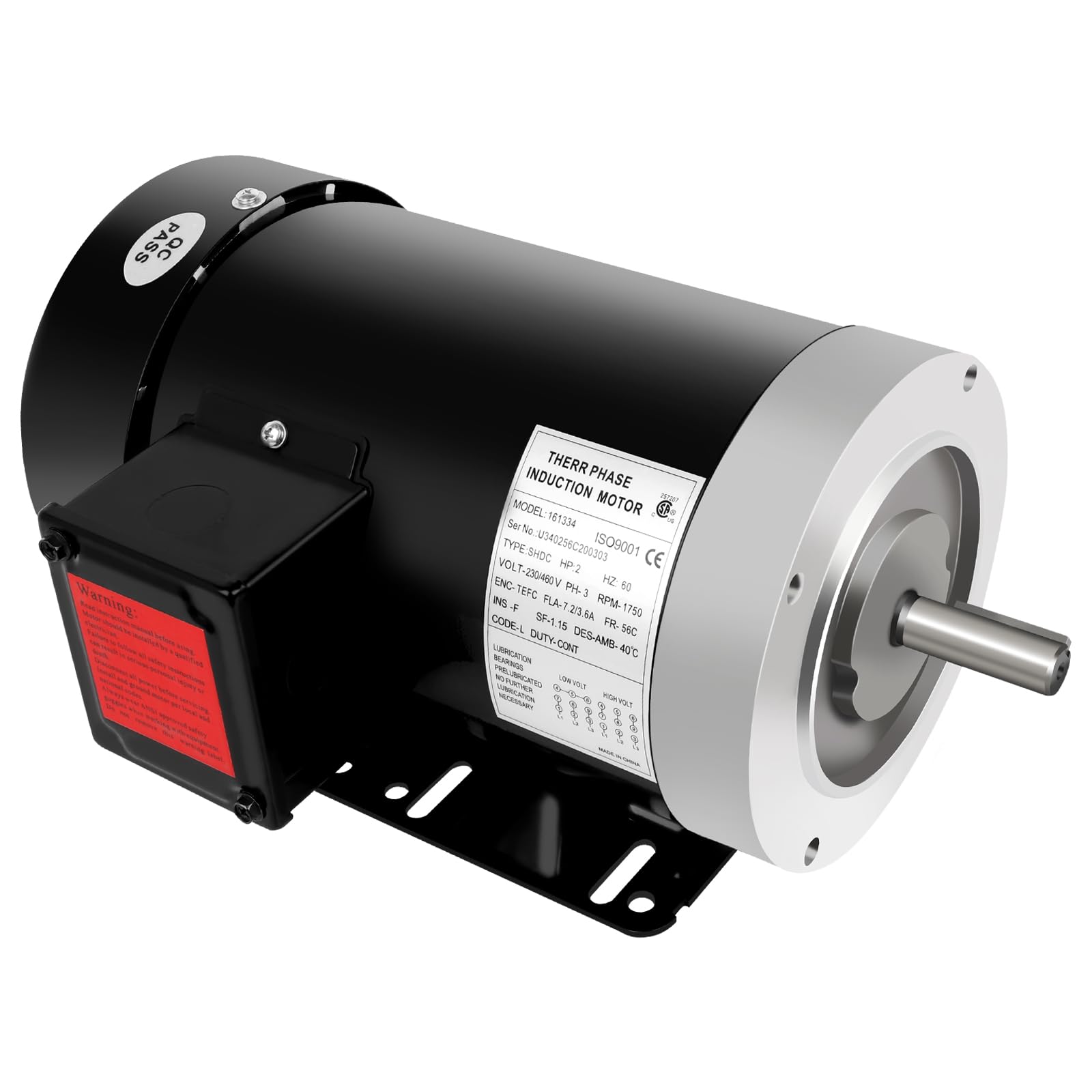 Electric Motor 2HP, 1750RPM General Purpose Motor, Three Phase 56C Motor TEFC 230/460V 5/8 Shaft Diameter 4 Pole 60HZ