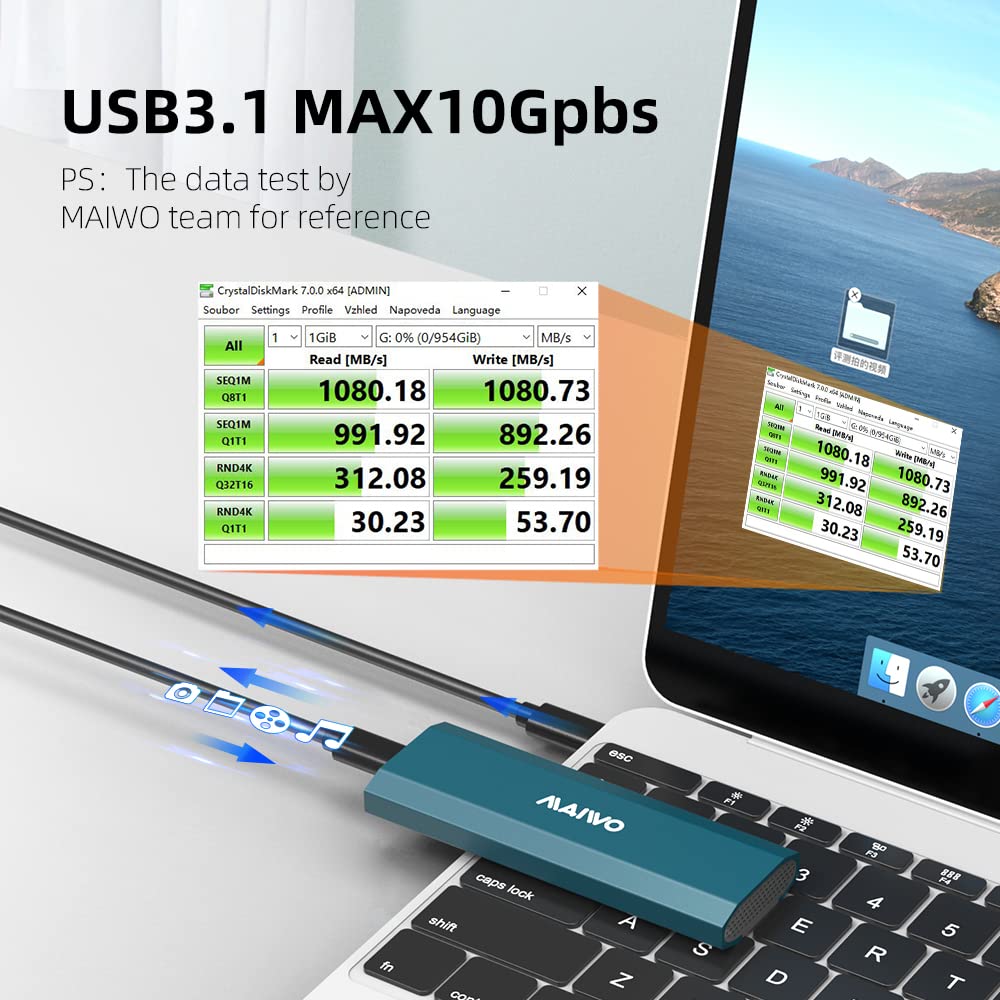MAIWO M.2 NVMe SATA SSD Enclosure, 4TB, USB 3.1 Gen 2, Aluminum Alloy, Blue, Model K1690