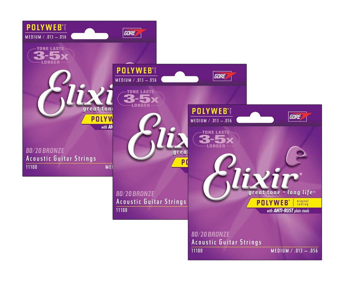 3 Sets Of Elixir Medium Polyweb Acoustic Guitar Strings 13 56