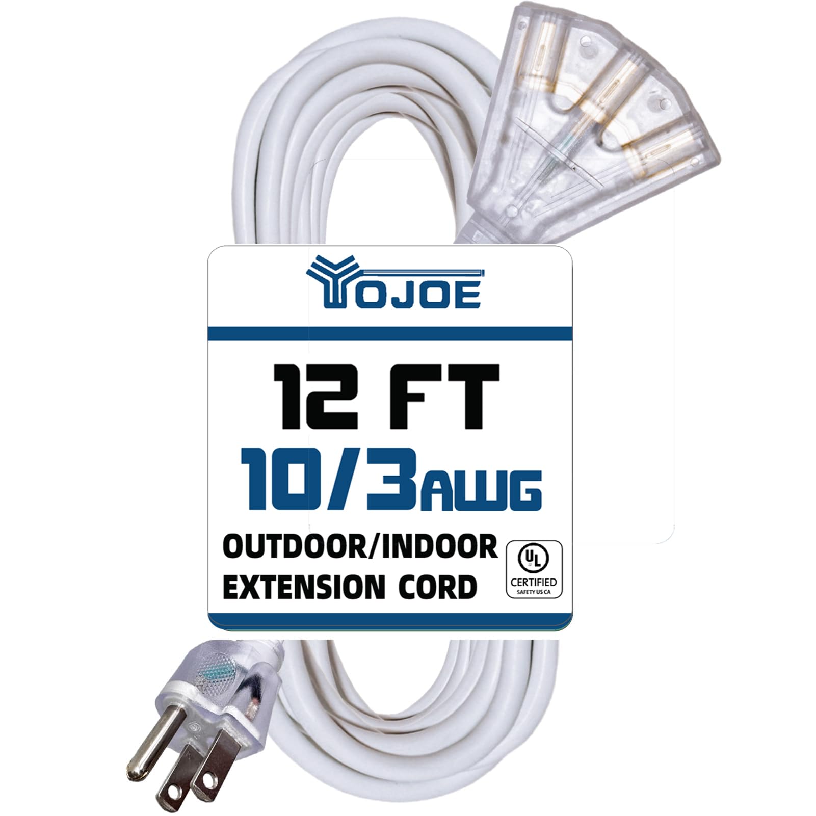 Yojoe 3 Outlets Indoor Outdoor Extension Cord With Lighted End, 3 Prong 15A Weatherproof Power Cord, 10 Gauge Heavy Duty 10 Ft W