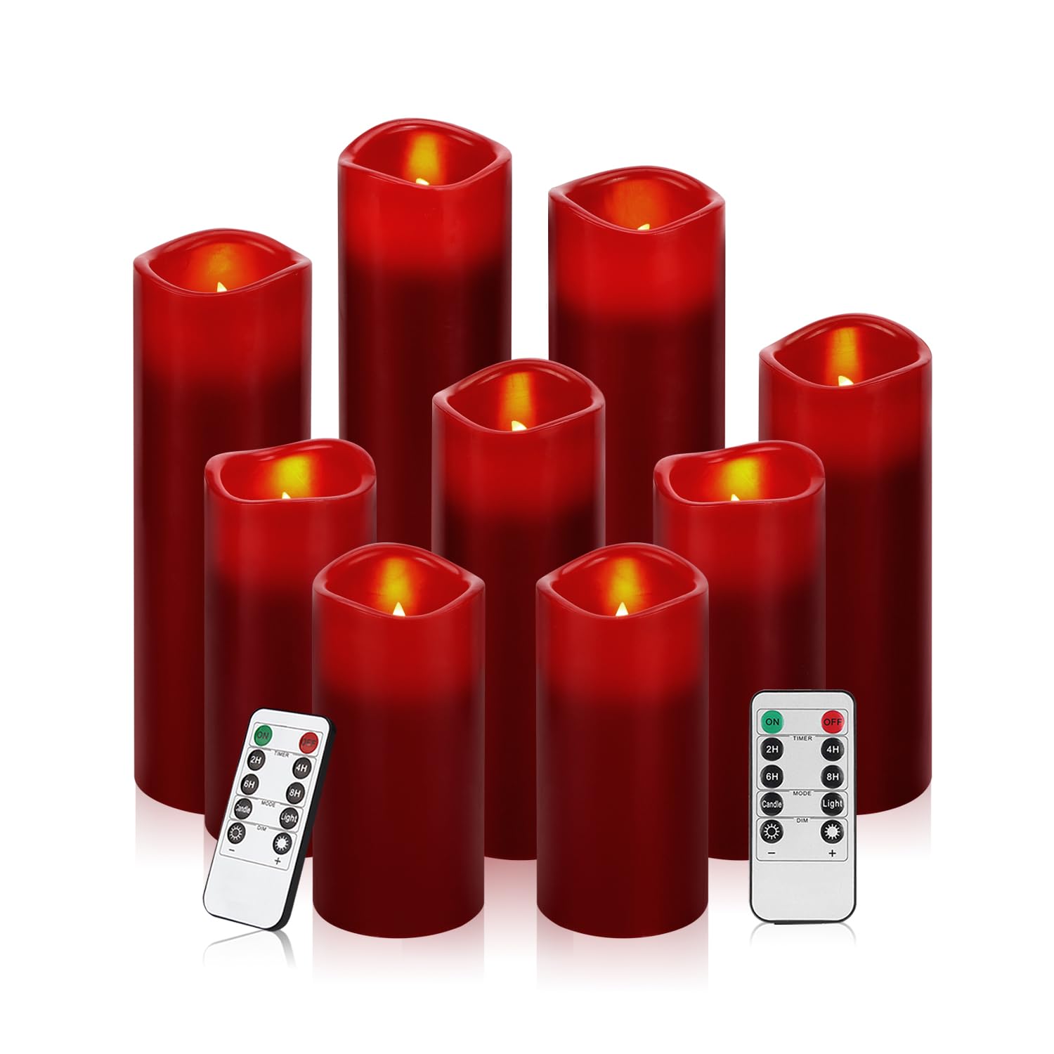 antizer Flameless Candles Led Candles Pack of 9 (H 4 5 6 7 8 9 x D 2.2) Burgundy Real Wax Battery Candles with Remote Timer