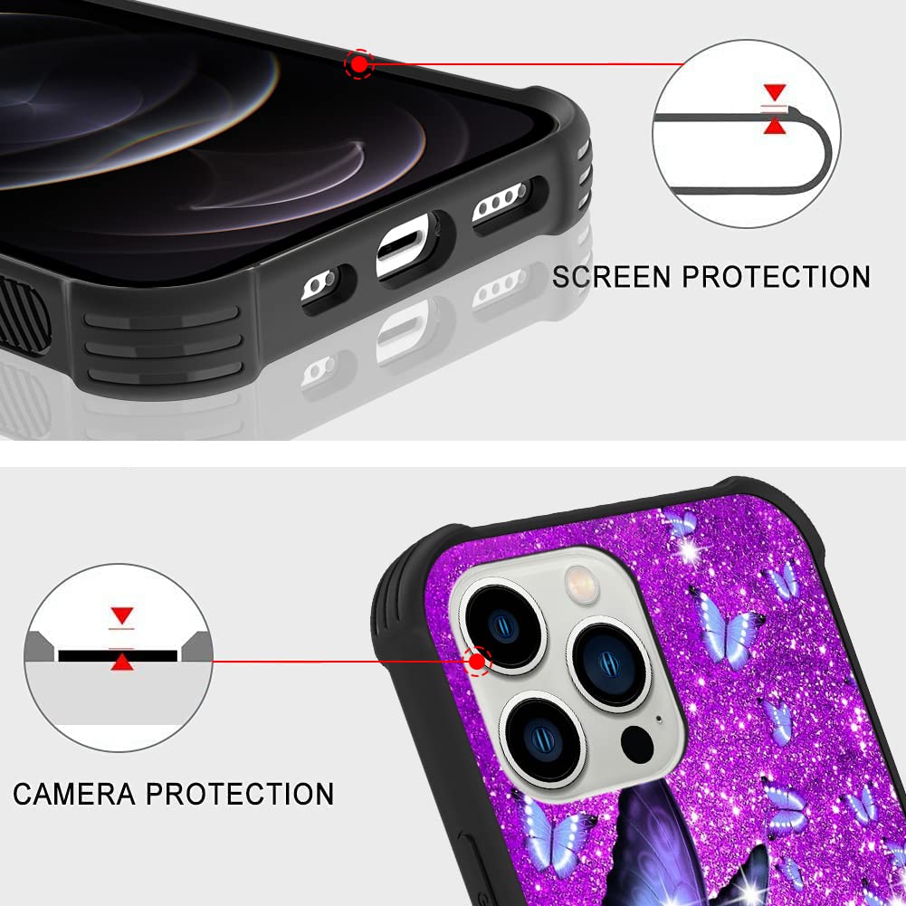 Ziye Designed For Iphone 12 Pro Max Case Purple Butterfly Hard Lanyard Case With Phone Ring Holder,Full Body Protection Shockpro