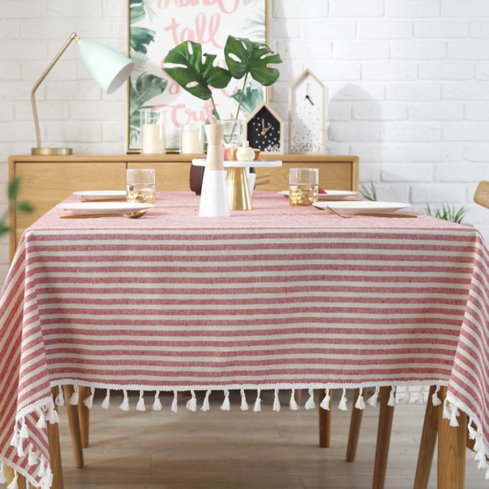 Amzali Stripe Tassel Tablecloth Cotton Linen Stain Resistantdust Proof Waterproof Table Cover For Kitchen Dinning Tabletop Decor