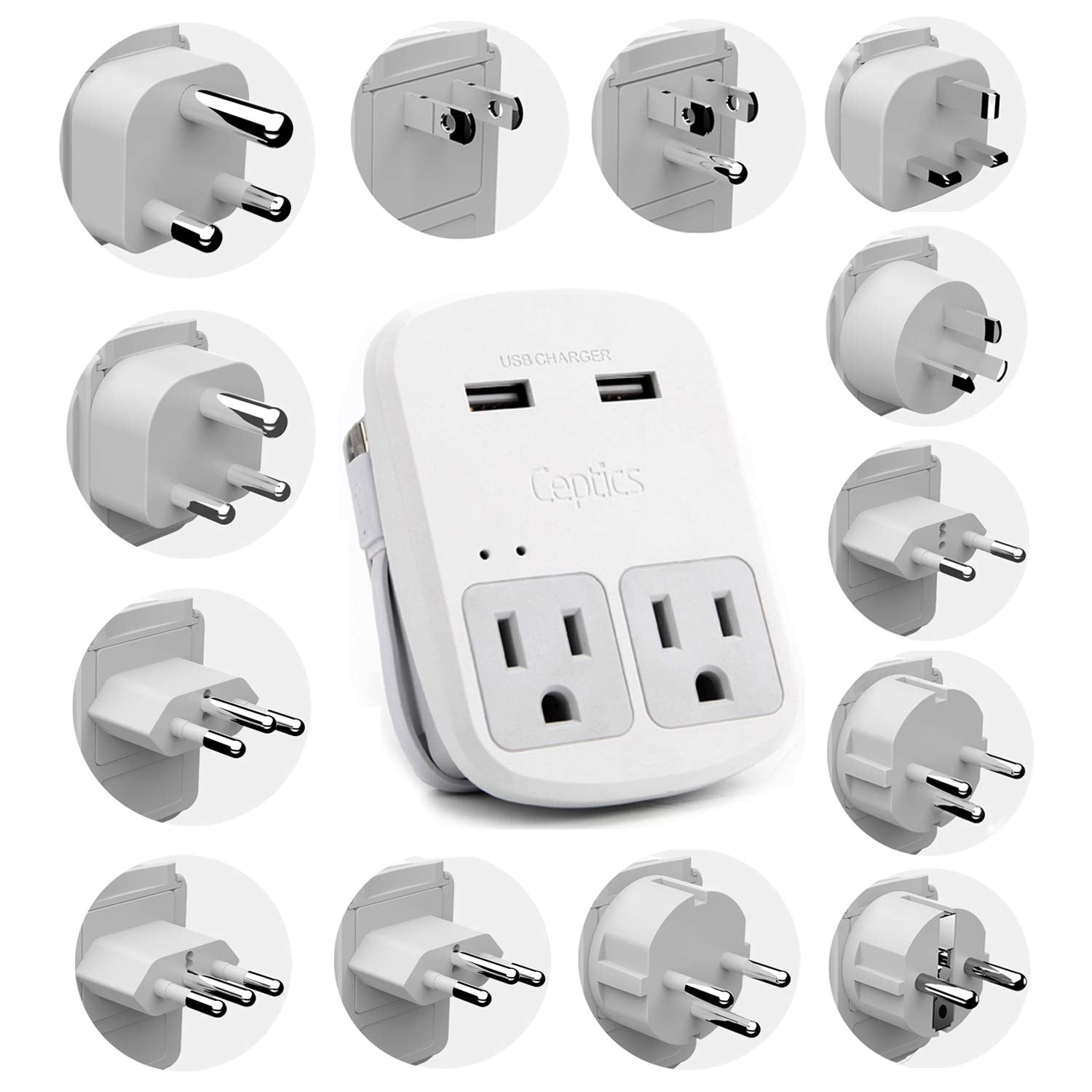 Ceptics International Plug Adapter Kit, World Safest Grounded 13 Adaptor Set Dual Usb Ports   Travel Anywhere   Business Use   P