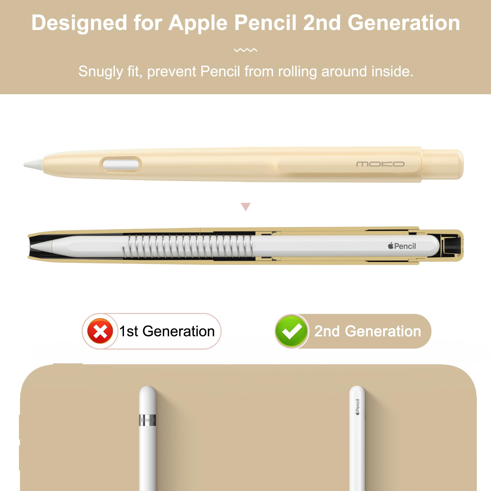 MoKo Holder Case Compatible with Apple Pencil 2nd Generation, Retractable Protective Apple Pencil Cover with Sturdy Clip, Hard PC Apple Pencil Case, Support Double Tap, Beige