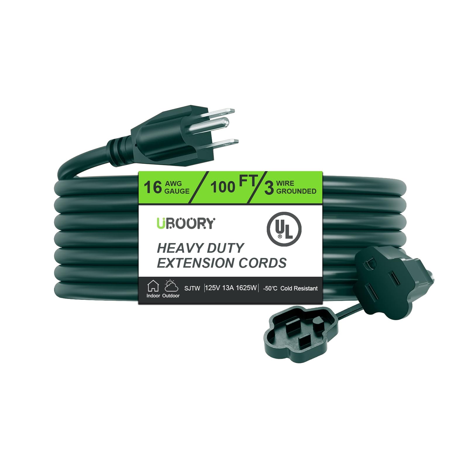 Outdoor Extension Cord Waterproof 100 Ft, Green 16/3 Sjtw Heavy Duty, Flexible 100% Copper 3 Prong Extension Cord For Lawn, Gara