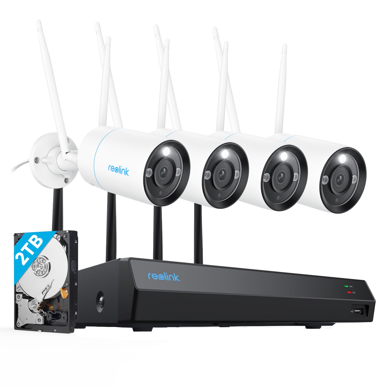 Reolink 4K Security Camera System, 4Pcs Outdoor 4K/8Mp Plug In Wifi 6 Cameras, Full Metal Material, Color Night Vision, Person/Vehicle/Animal Detection, 16Ch Wifi Nvr With 2Tb Hdd, Rlk12 800Wb4