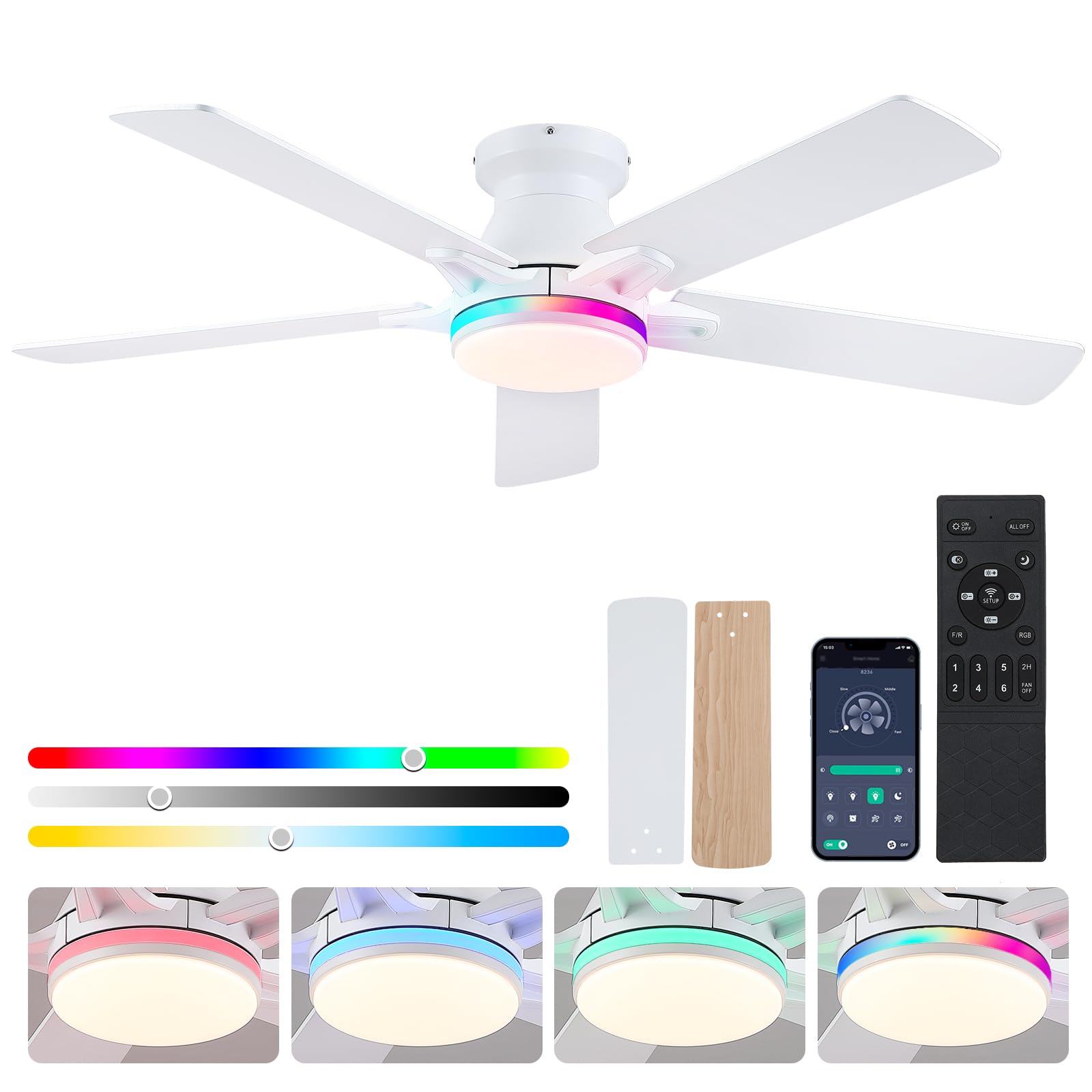 Chesur Flush Mount Ceiling Fans With Rgb Side Lights   52'' White Rgb Ceiling Fan With 5 Dual Sided Blades, Dimmable Reversilbe