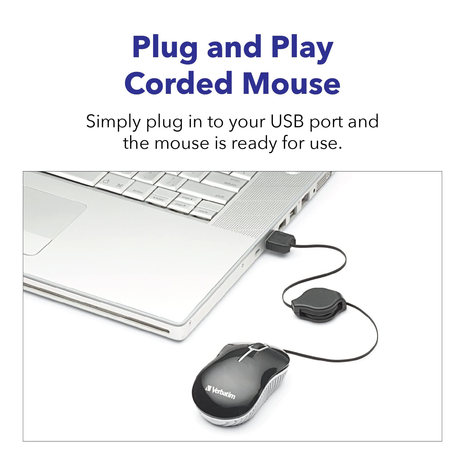 Verbatim Wired Optical Computer Mini Usb-A Mouse - Plug & Play Corded Small Travel Mouse With Retractable Cable - Blue 98616