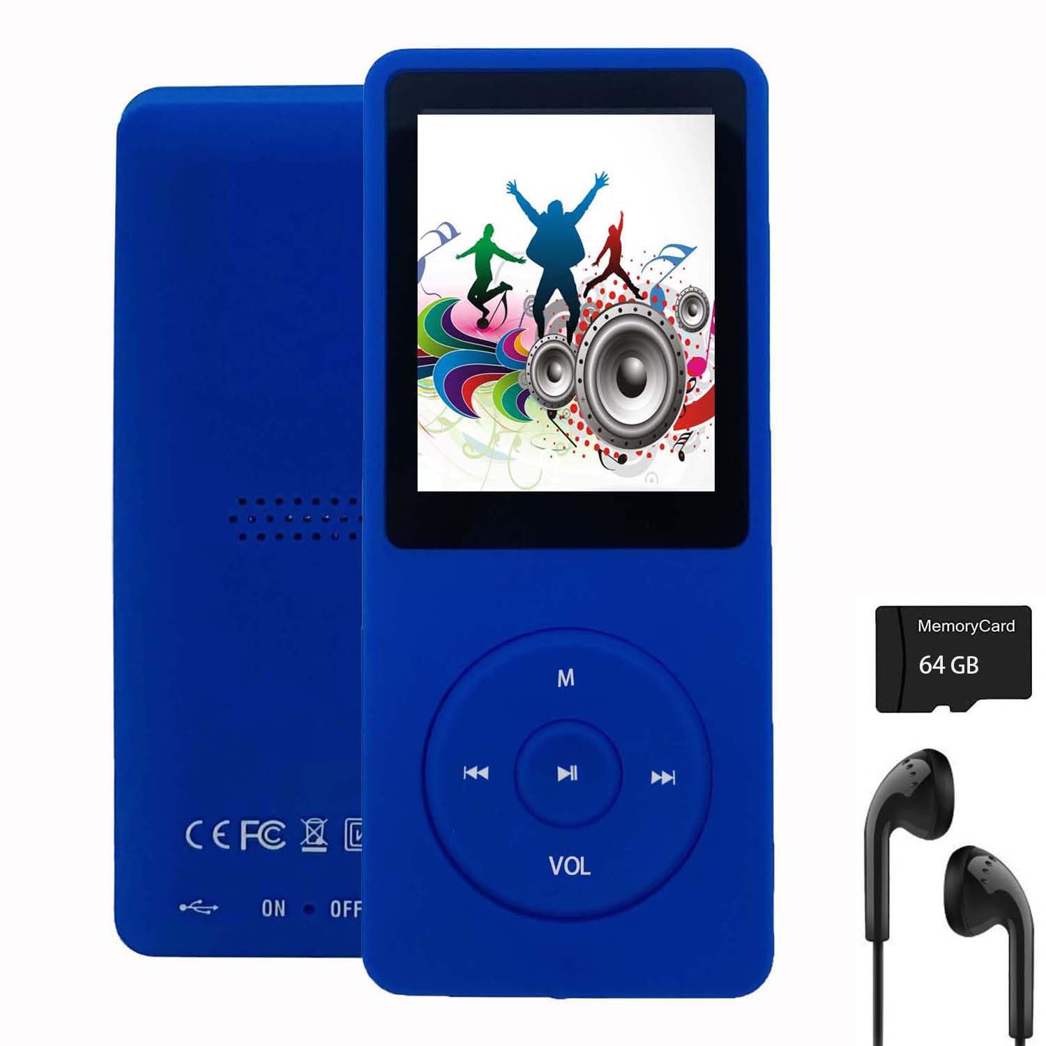 64Gb Mp3 Player With Speaker Earphones Portable Music Player For Kids Support Music/Picture/Video/Voice Recording/E Book Blue