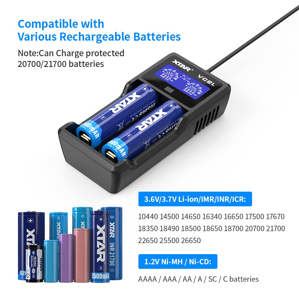Xtar 21700 Battery Charger Vc2L 18650 Charger 2 Slot 2022 Version With Lcd Display Max 2A Rechargeable Liion And Aa Charger Not