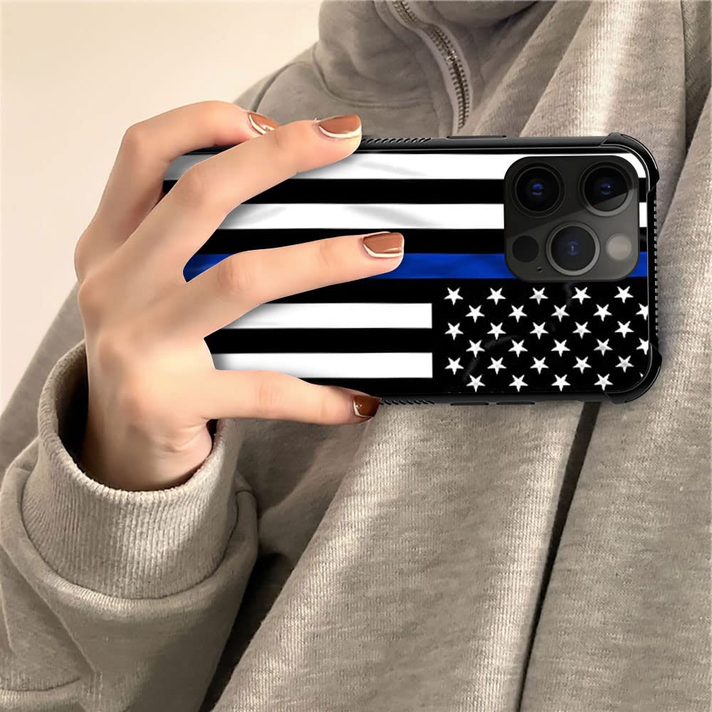 ZHEGAILIAN iPhone 14 Pro Protective Case Tempered Glass TPU Blue Line American Flag 6.1-inch