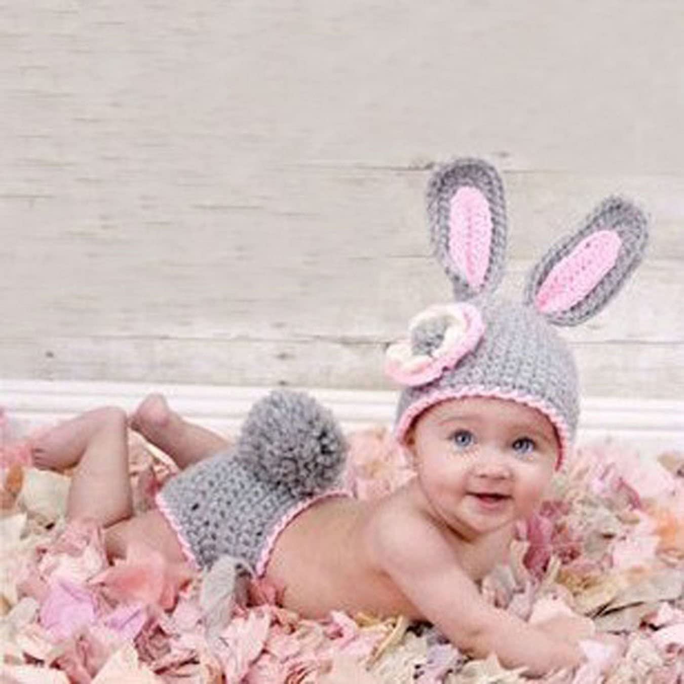Matissa Newborn Baby Girl/Boy Crochet Knit Costume Photography Prop Hats Outfits (Grey Rabbit)