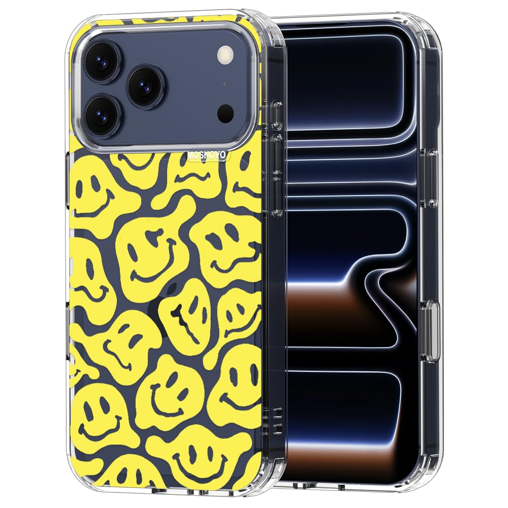 MOSNOVO for iPhone 17 Pro Max Case | Military Grade 6.6ft Drop Tested | Camera Control | Clear with Melted Yellow Smiles Face De