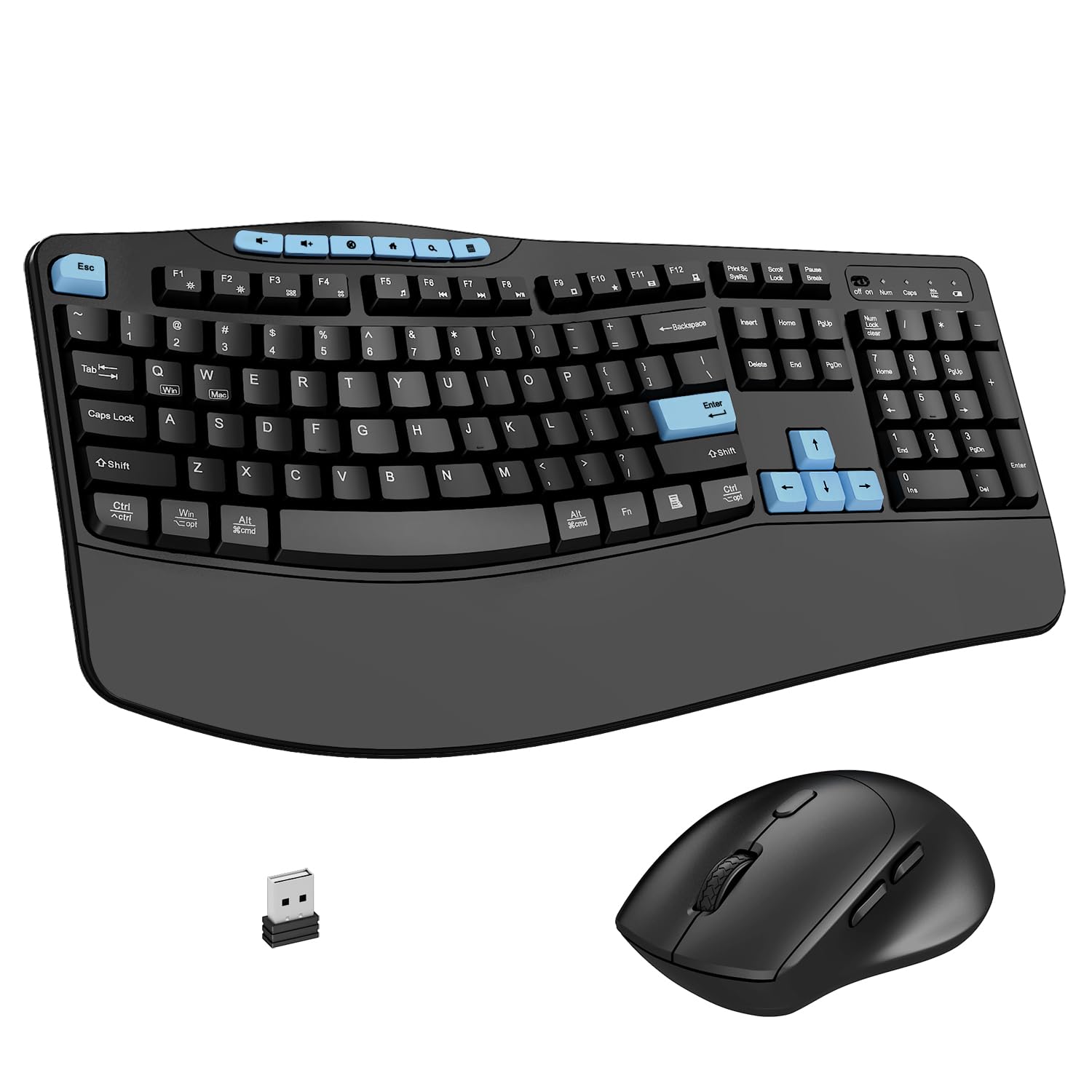 Wireless Keyboard and Mouse Combo, 2.4G Ergonomic Wave Keys(Blue Black)
