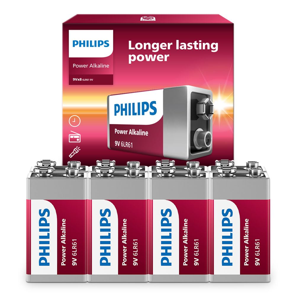 Philips 9 Volt Battery, (8 Count) Power Alkaline 9V Batteries For Smoke Detector, Long Lasting Power Up To 5 Years In Storage, 9