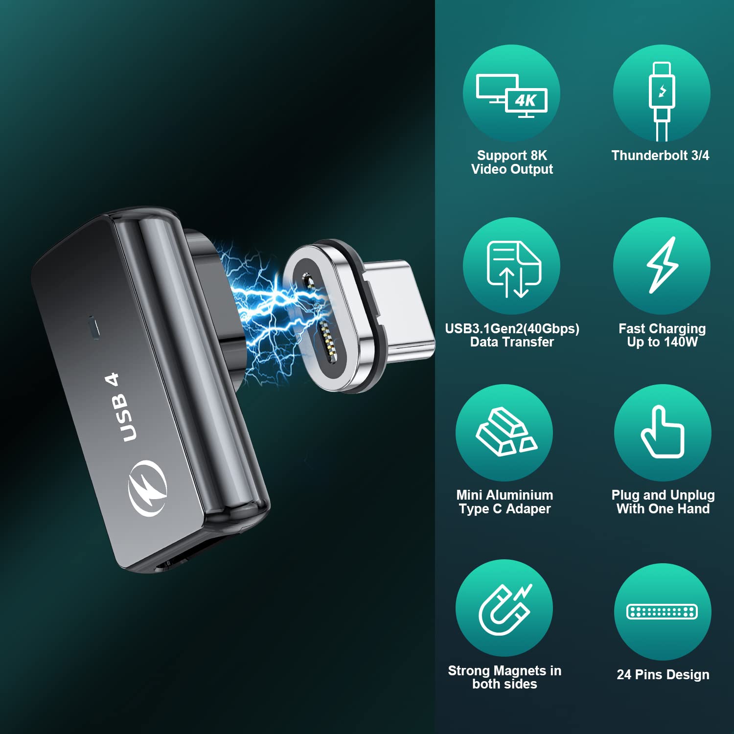 Hancenda Usb Type C Magnetic Adapter 2Pack, 24Pins 90 Degree Usb C With Pd 140W Charge 40Gbps 8K 60Hz Video Usb4 For Thunderbolt 3/4 Macbook Pro/Air Phone And More Devices