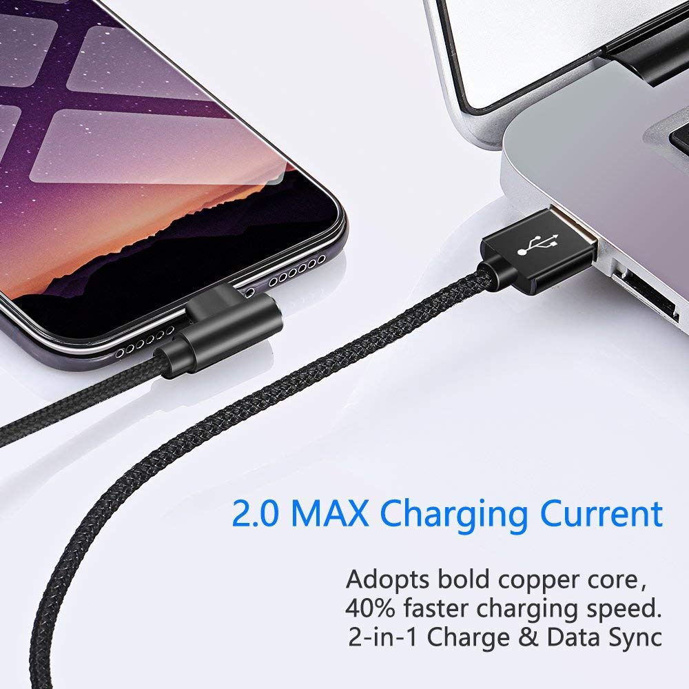 Hi Mobiler Fast Charging Cable, 3Ft Right Angle Cable,3 Pack Nylon Braided Fast Speed Data Sync Charging Cord Powerline Compatible With Phone 13/12/11/Pro/Xs Max/Xs/Xr/7/7Plus/X/8/6/Se(Black, 3Ft)
