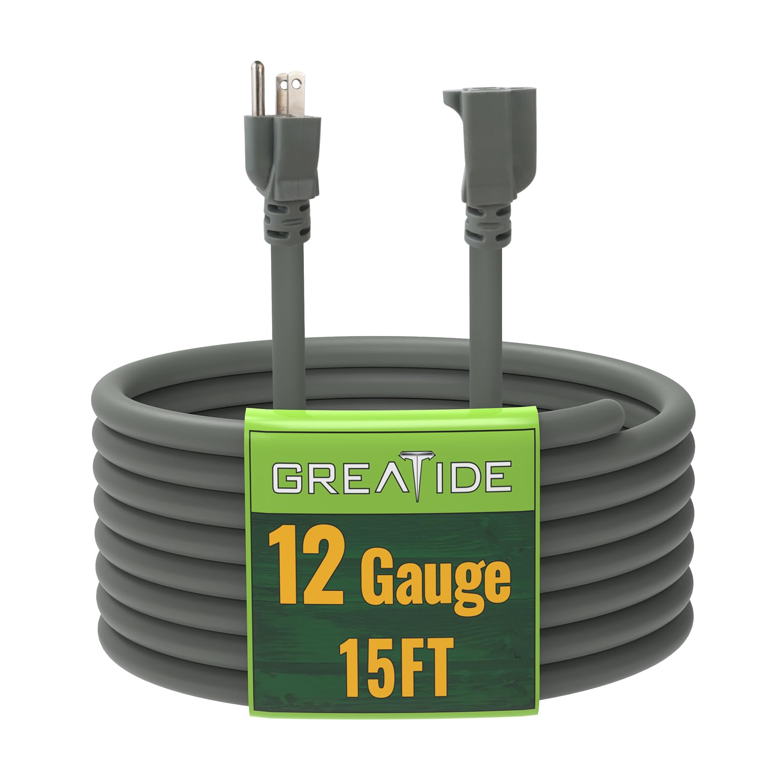 Greatide 15 Ft Outdoor Extension Cord   12/3 Sjtw Heavy Duty Grey Extension Cable With 3 Prong Grounded Plug   Power Cord For La