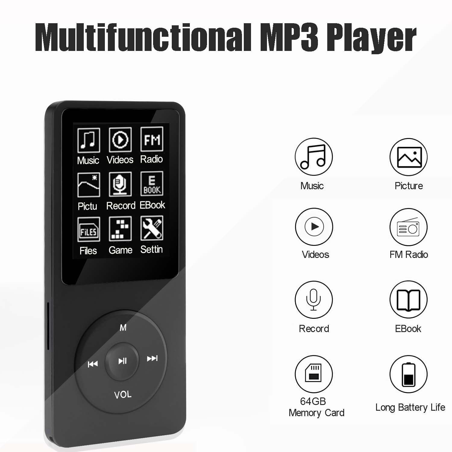imkavery 64GB MP3 Player - Portable Music Player with Speaker, Earphones, Video & Voice Recording, E-Book - Black, Model MP20