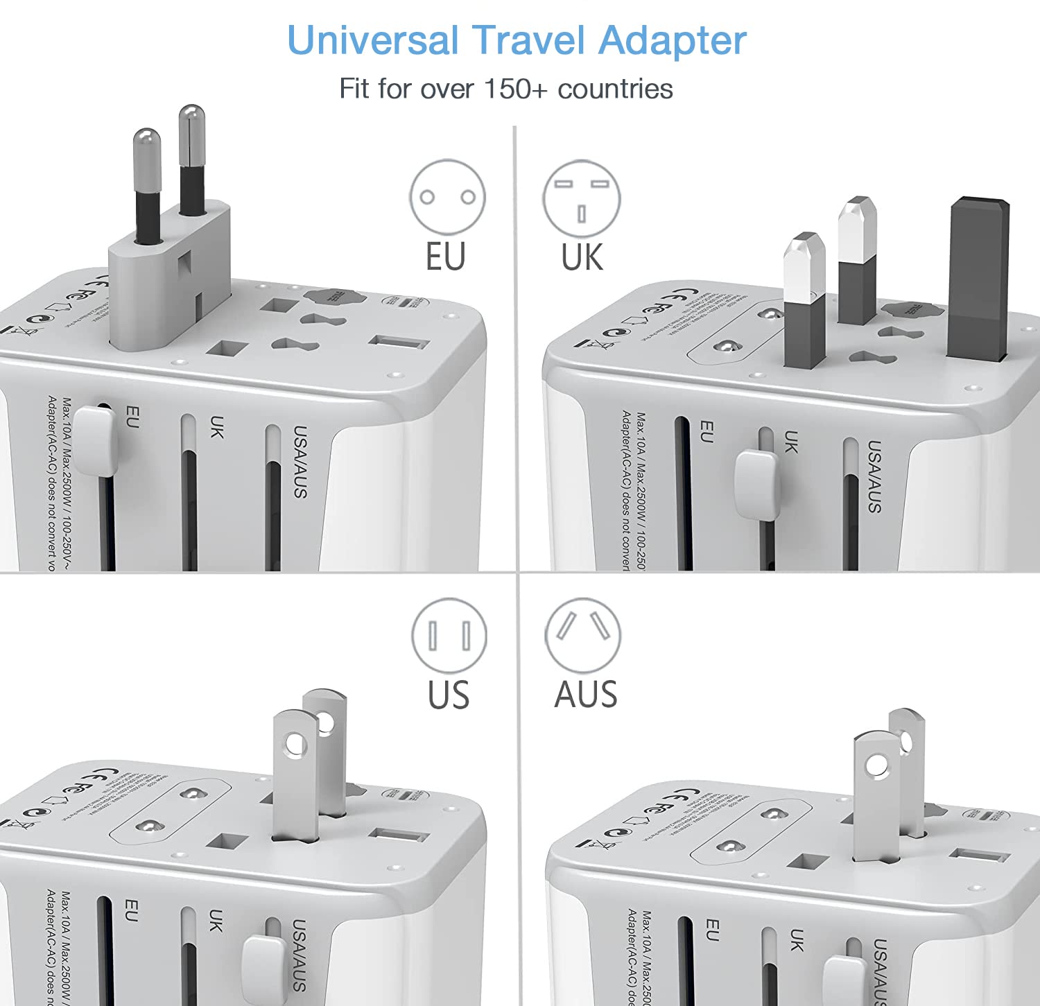 Tessan Universal Travel Adapter, International Power Adapter With 4 Usb Ports (1 Usb C), Worldwide Plug Adaptor Wall Charger For