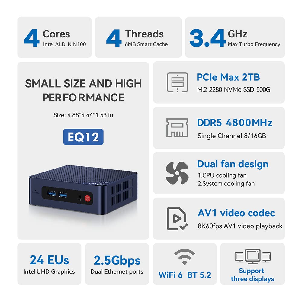 Beelink Mini Pc, Eq12 Mini Computers Alder Lake N100(Up To 3.4Ghz) 4C/4T, Desktop Computers 16G Ddr5 Ram 500G Ssd 4K 60Hz Usb C&