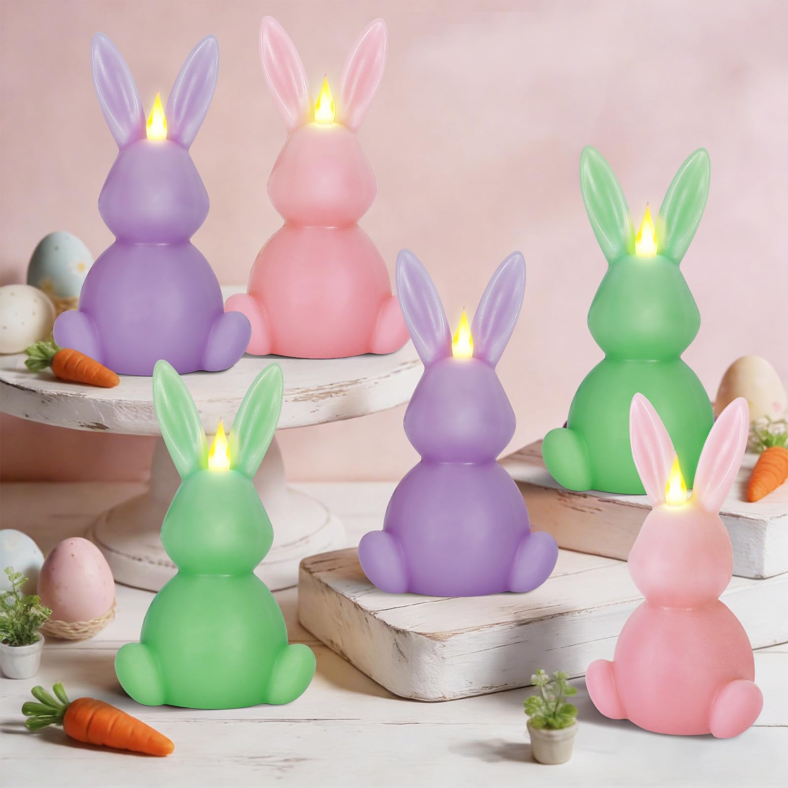 Leorate 6PCS Easter Bunny Flameless Candles - 7.5 Battery Operated LED Rabbit Candles with Flickering Flame, Green Purple Pink R