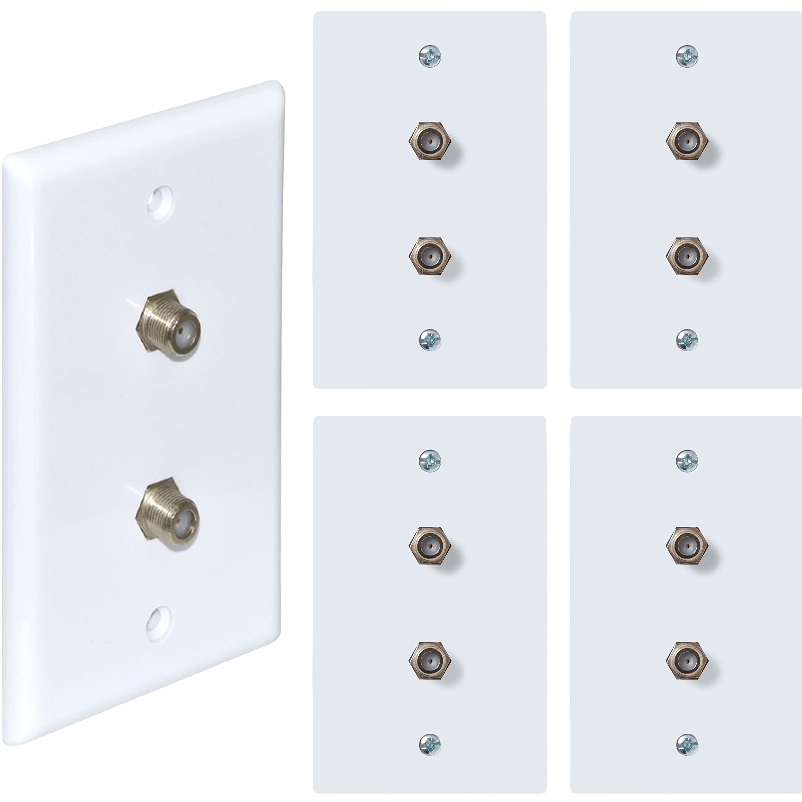 Newhouse Hardware 2 Port Tv Cable Wall Plate, F Connector, For Coax Cable, Double Gang Video Wall Jack, 5 Pack, White