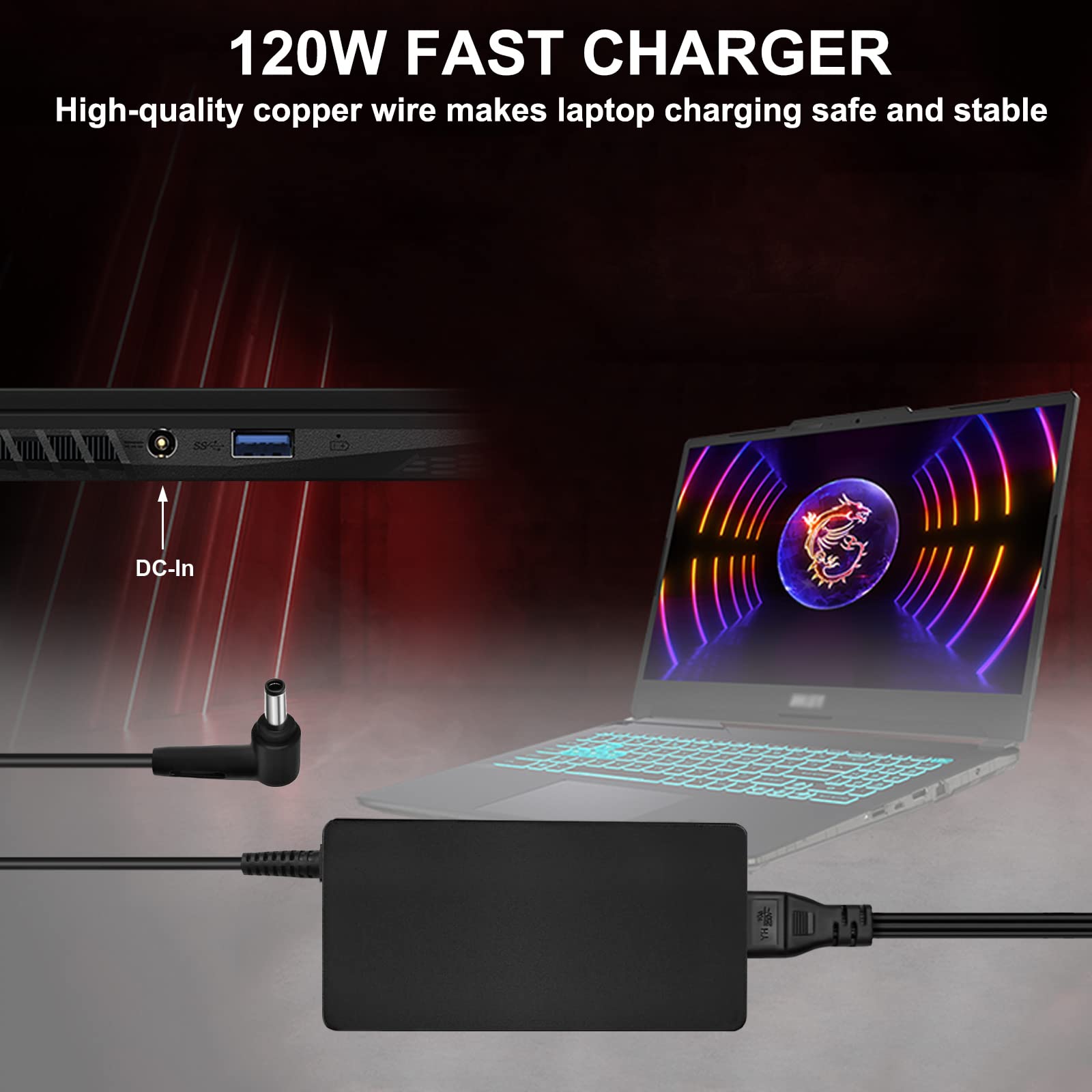 JUYOON 20V 6A Charger for MSI GF63, GV15, Cyborg 15, Summit E16 Flip - Power Supply for MSI Laptops