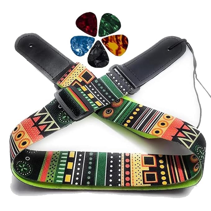 MG MUSIC GALAXY Adjustable Guitar Strap with Tribal Pattern, Leather Ends, 5 Guitar Picks, Multicoloured