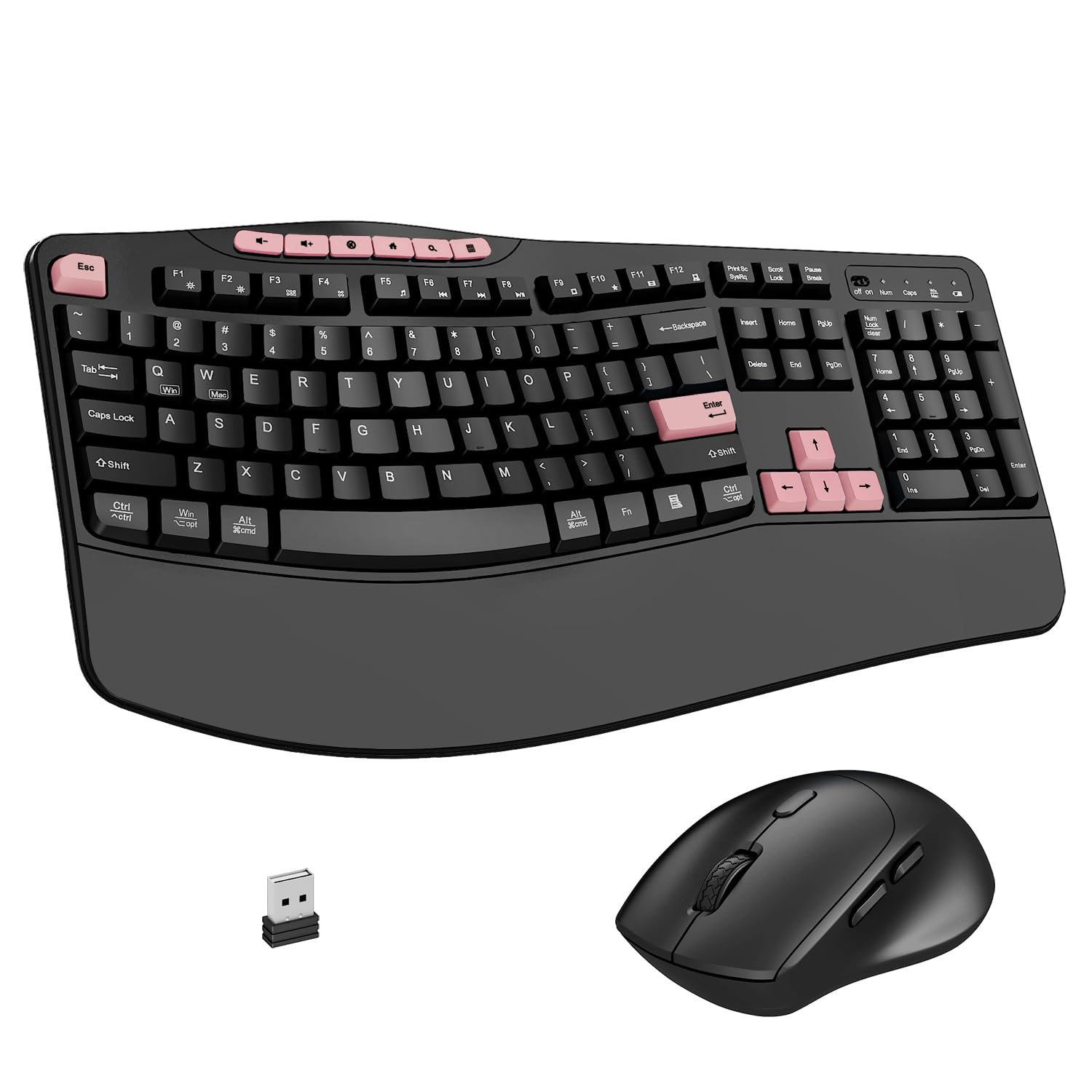Wireless Keyboard and Mouse Combo, 2.4G Ergonomic Wave Keys(PinkB)