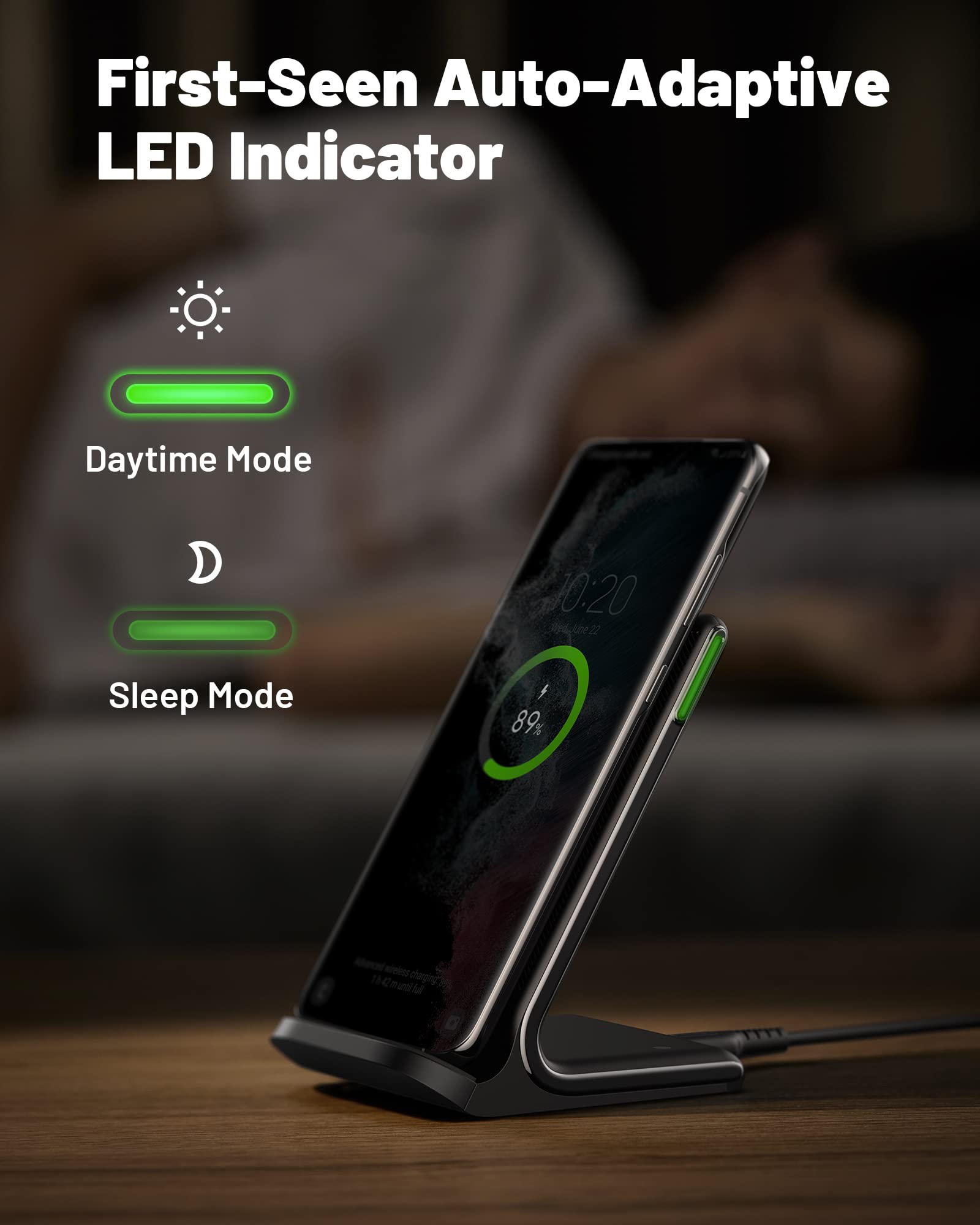 Iniu Wireless Charger, 15W Fast Qi-Certified Wireless Charging Station With Sleep-Friendly Adaptive Light Compatible With Iphone