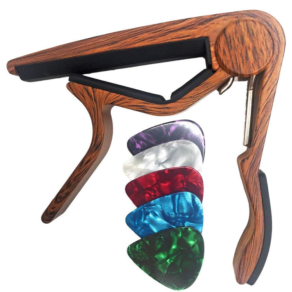 Wingo Classical Flat Guitar Capo For Nylon String Guitars Rosewood Finish With 5 Picks.