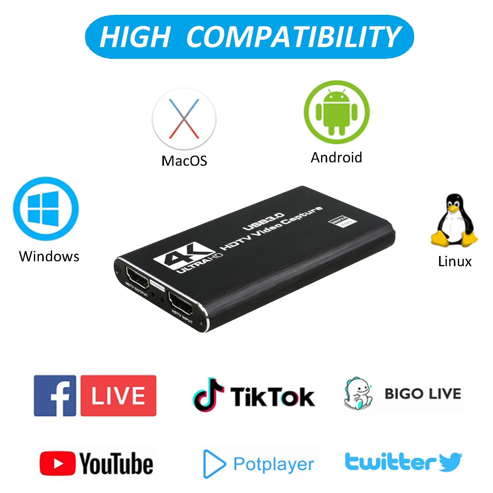 4K Audio Video Capture Card, Usb 3.0 Hdmi Video Capture Device, Full Hd 1080P, 3.5Mm Trs Audio Input, Hdcp 2.2, For Game Recordi