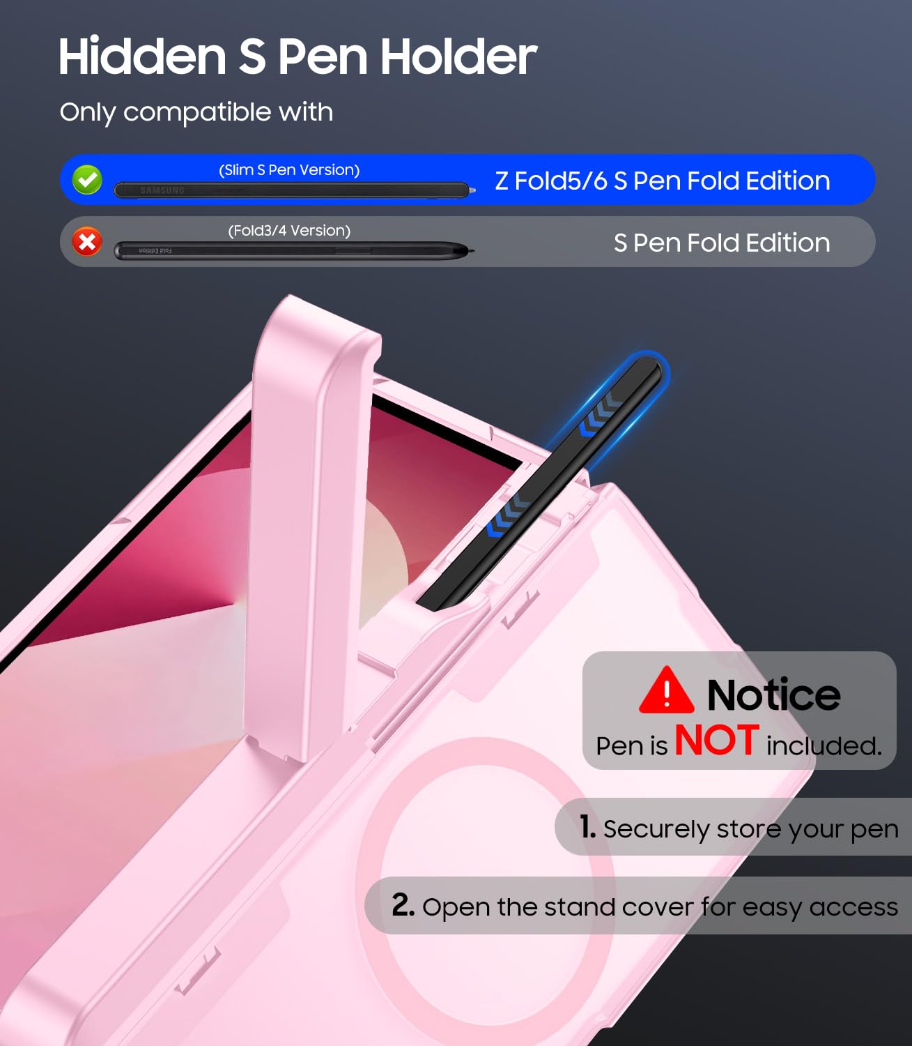 Makavo For Samsung Galaxy Z Fold 6 Case With S Pen Holder, Fit For Magsafe, Built-In Screen Protector, Hinge Cover & Stand, Tran