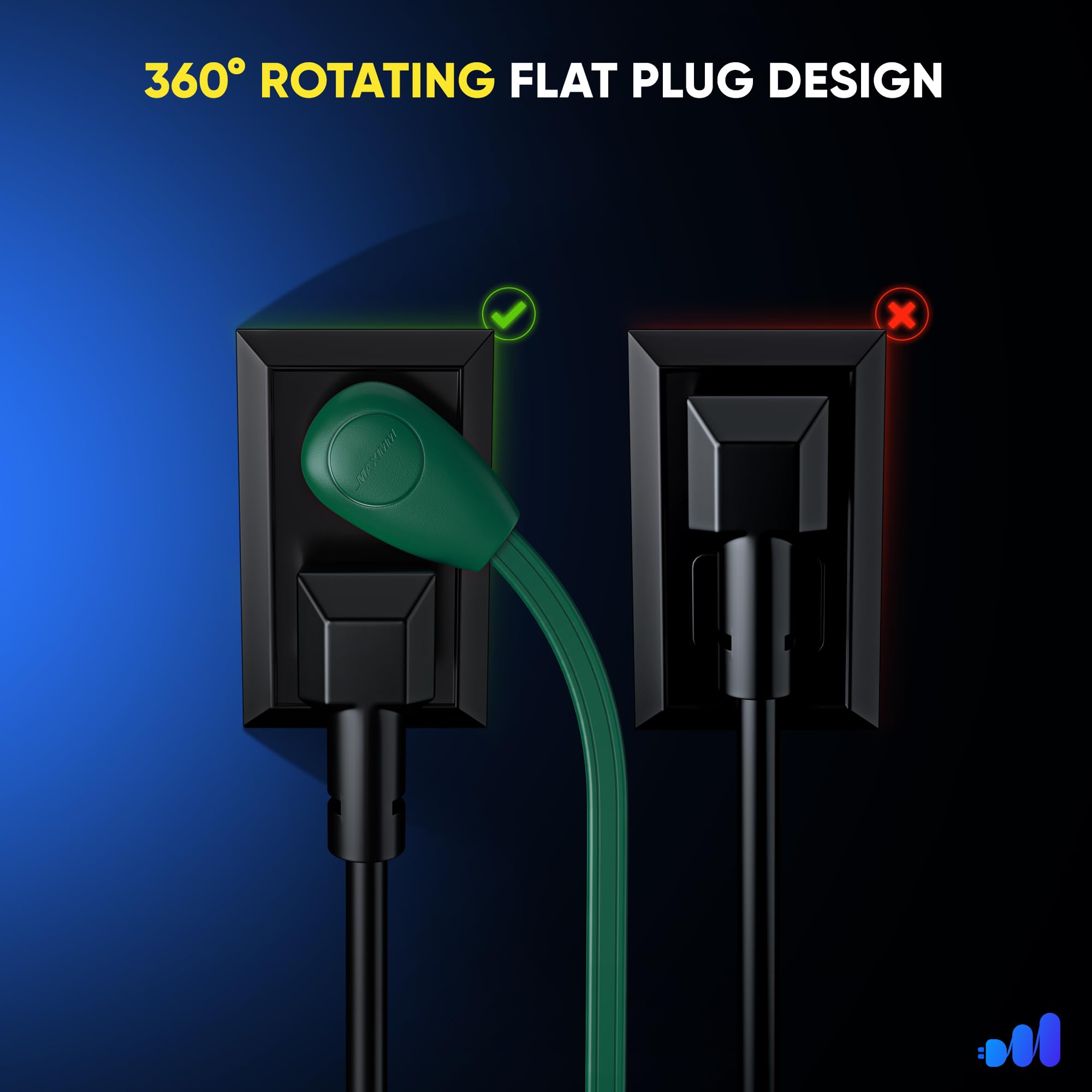 Maximm Cable 3Ft 360 Rotating Flat Plug Extension Cord/Wire, 16 Awg Multi 3 Outlet Extension Wire, 2 Prong With Safety Cover   G