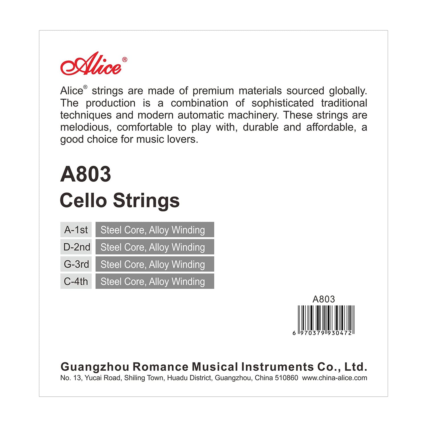Alice Cello Strings 4/4 Full Set   Well Balanced & Deep Forceful Timbre, Steel Core With Alloy Winding, Full Set Of Cello String