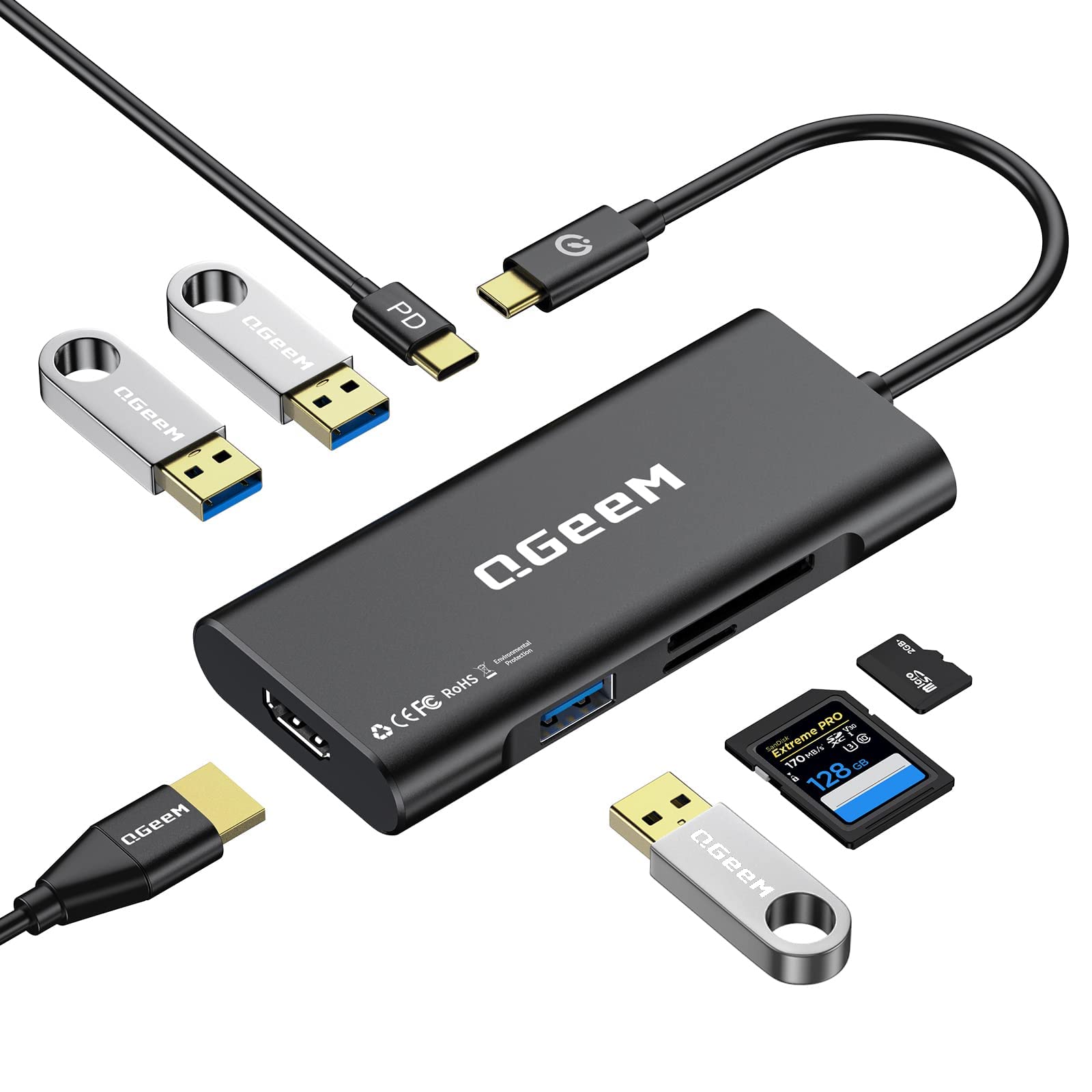 USB C Hub, QGeeM USB C to HDMI Adapter 4k, 7 in 1 USB C Dongle with 100W Power Delivery,3 USB 3.0 Ports, SD/TF Card Reader, Comp