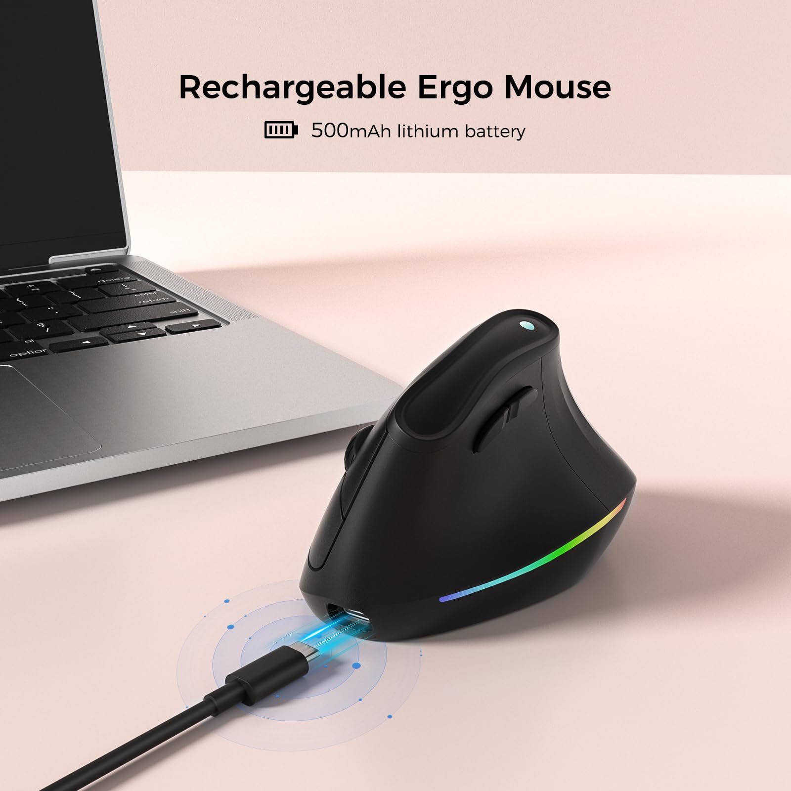 Kysona 57 Ergonomic Wireless Rechargeable Mouse, Vertical Quiet Ergo Mouse, Rgb Light, Bluetooth(Bt5.0,Bt3.0)&2.4G, (800/1200/24